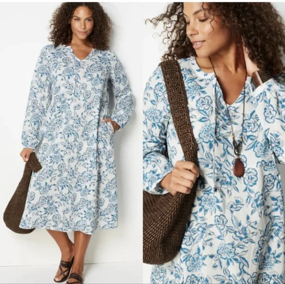 J.JILL Floral Cabana Dress Blue & White Boho Beach Organic Cotton Resort Vacay M - Picture 12 of 12